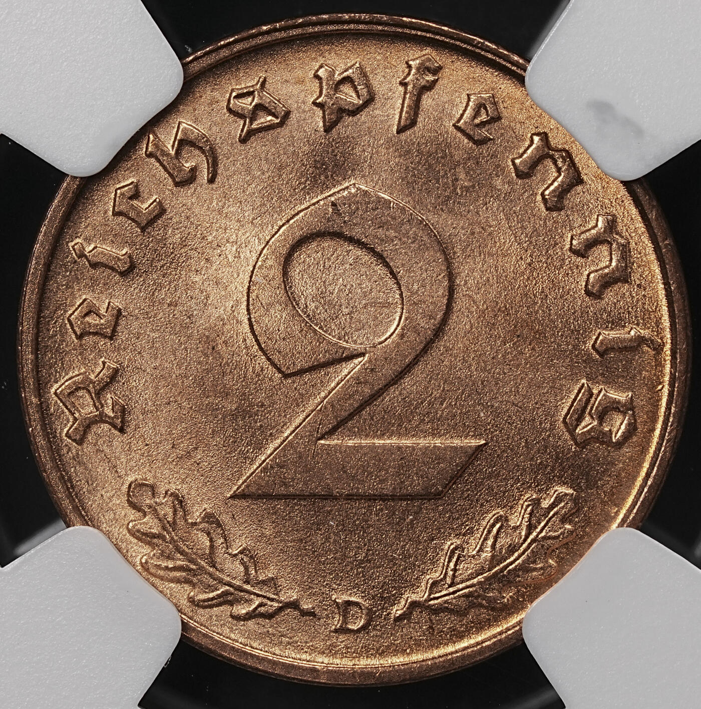 修遠堂世界钱币第110期 NGC MS65RD 1939年德国2芬尼铜币 D厂铭 RD原始全铜光难得
