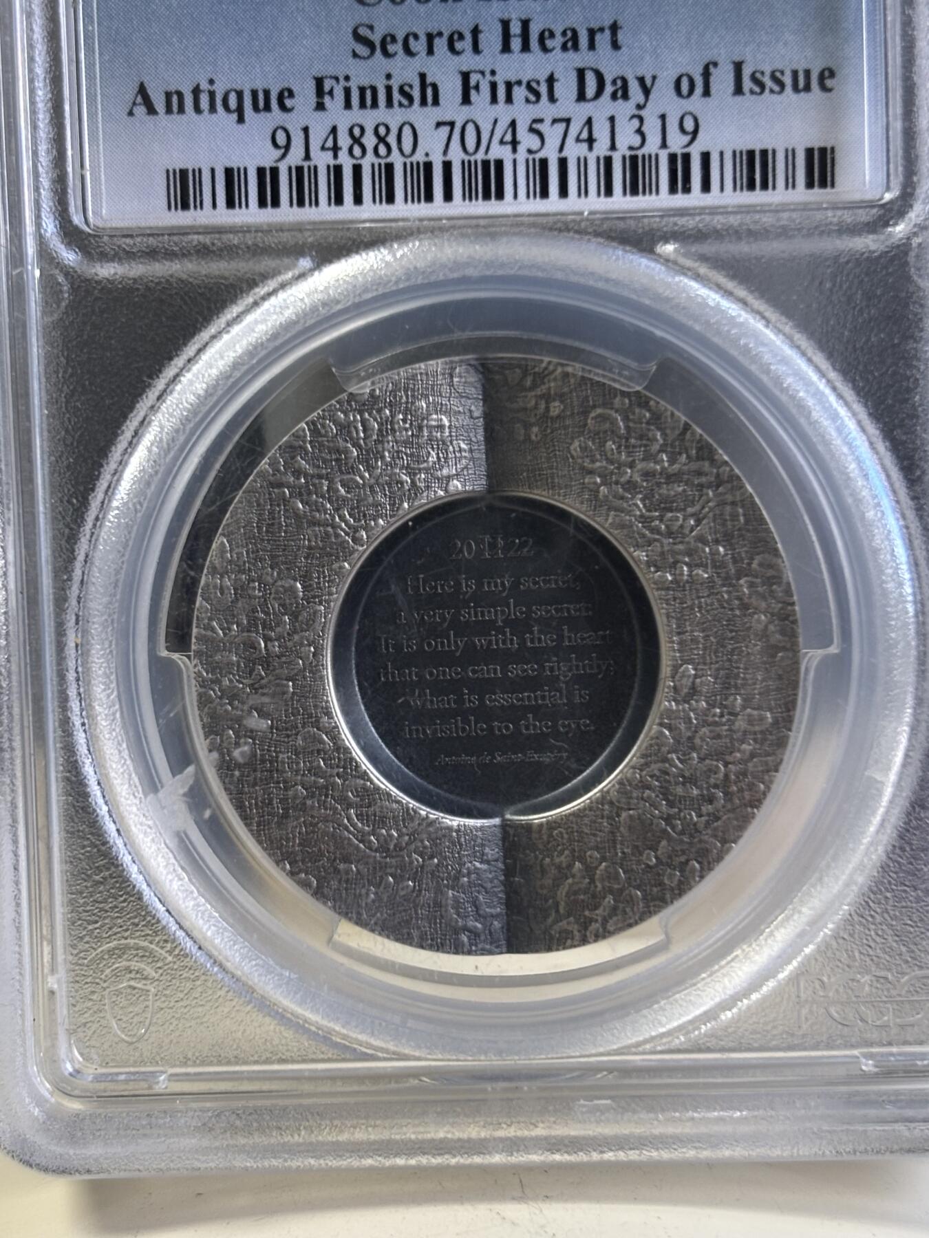 第197期拍卖 库克2022年秘密之心独特的爱1盎司仿古银币PCGS-MS70首无盒证书，999银，发行2022枚银价584