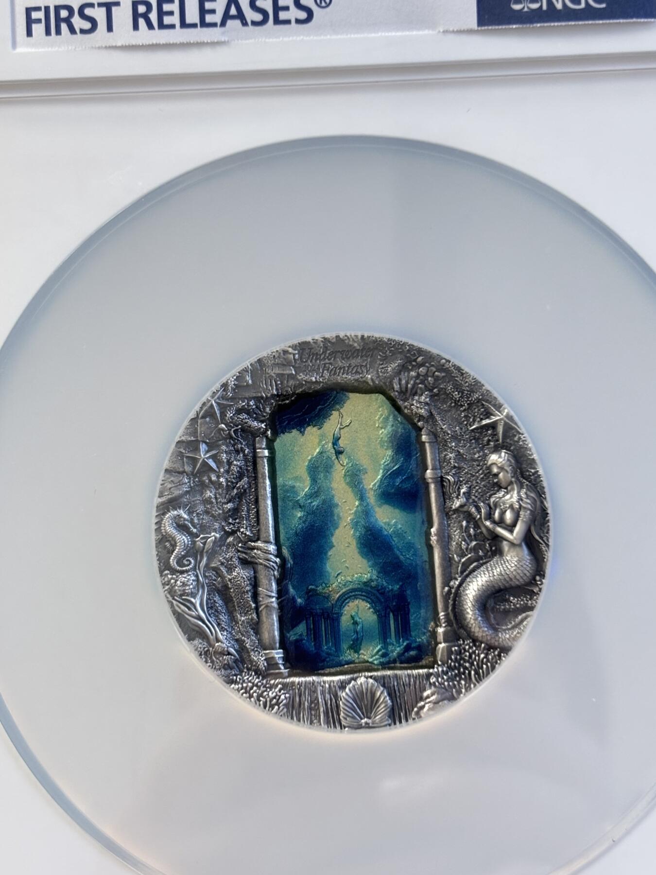 第197期拍卖 帕劳2024年水下幻想美人鱼3盎司银币NGC-MS70分首无盒证书，3盎司，发行777枚