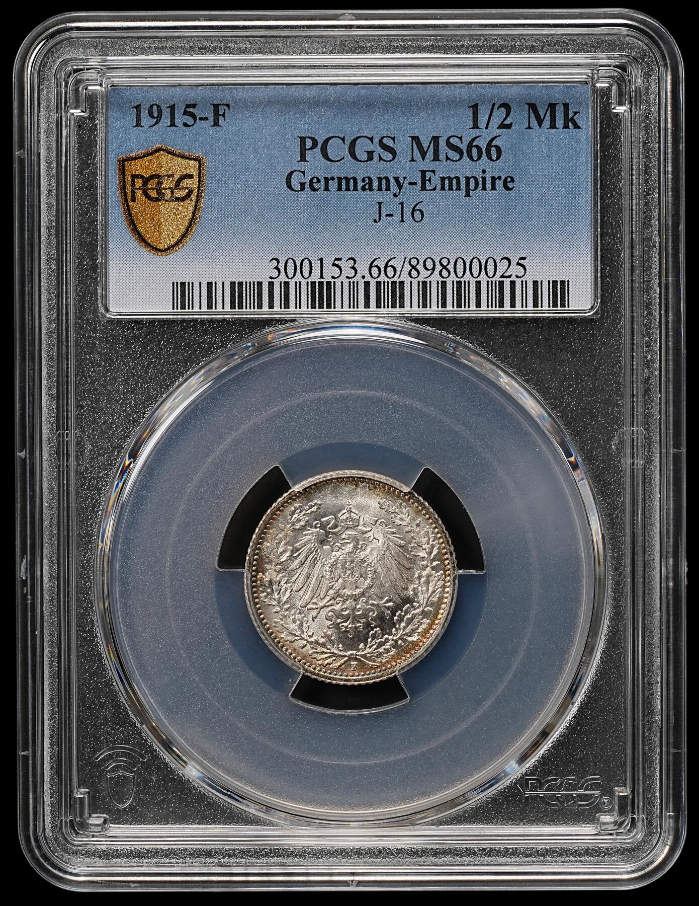 修遠堂世界钱币第110期 PCGS MS66 1915年德国1/2马克银币，F厂铭，同一原卷头一次送评级都是67-68，这次送惨被压分，这枚绝不止66的状态，环彩