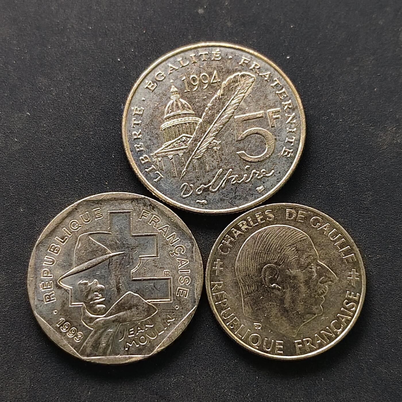 【全场包邮】纯粹捡漏拍518场 法国1988-1994年纪念币3枚一组-30周年+让·穆兰+伏尔泰