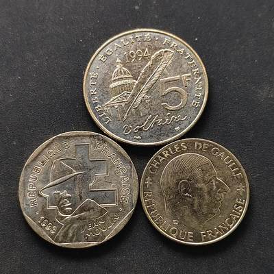 【全场包邮】纯粹捡漏拍522场 法国1988-1994年纪念币3枚一组-30周年+让·穆兰+伏尔泰