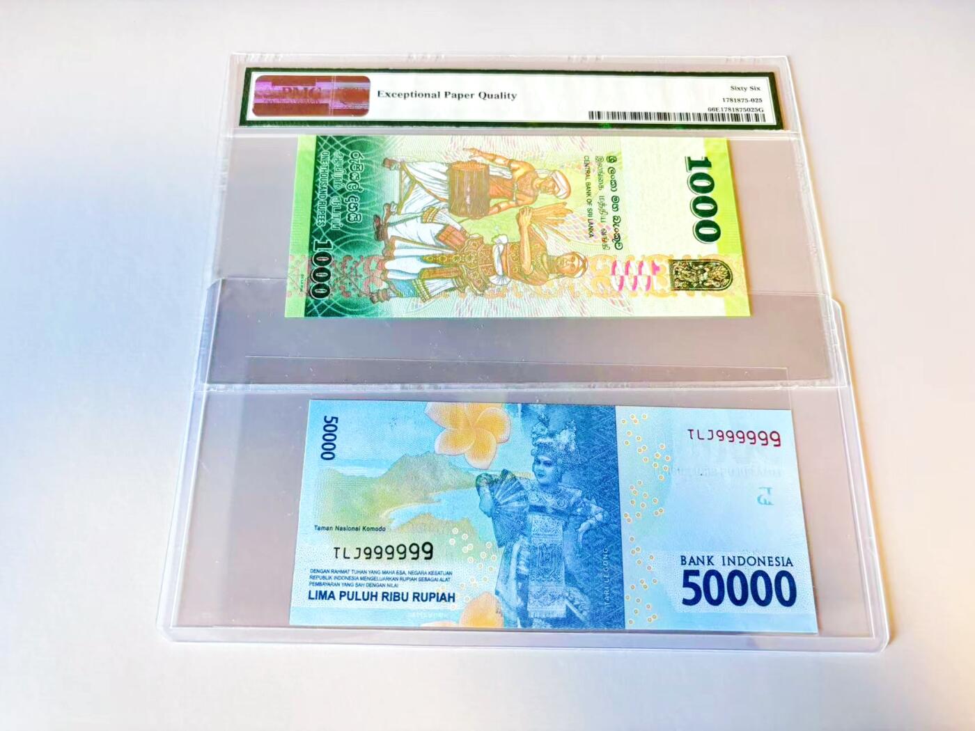 【Blue Auction】世界纸币精拍第805期——18级TOP拍卖/信誉/品质/专业/高效💫 【一组2张 无47 含全同9】斯里兰卡 2018年1000卢比 PMG66EPQ&印尼 2016年50000卢比 全新UNC