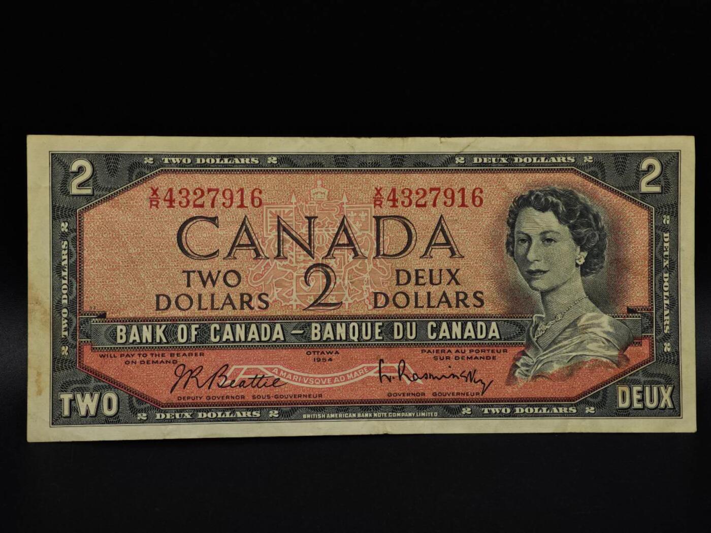  【淘币小摊】限时拍第八百九十拍   纸币场    每周一统一发货 加拿大1954年2元纸币【有折】