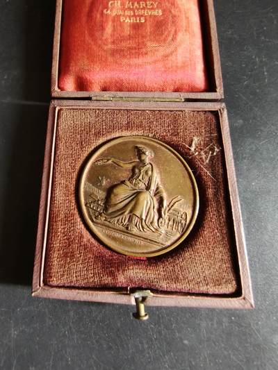 老王徽章第191期 - 法国里尔市农业委员会大铜章     原盒    A.勒孔特作品      罗马丰收女神刻瑞斯形象      直径41mm      重量35.3g