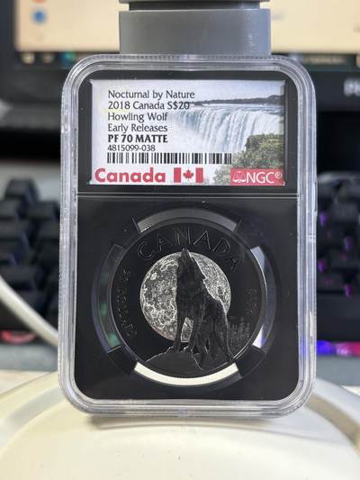 第197期拍卖 - 加拿大2018年月下狼嚎黑色镀铑纪念银币NGC-PF70特殊标。9999银，发行7000枚