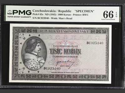 【礼羽收藏】🌏世界钱币拍卖第131期 - 捷克斯洛伐克 1945年1000克朗 PMG66EPQ 样钞 BWC作品