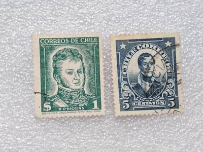  【淘币小摊】限时拍第八百九十一拍  外国老邮票 印花税票 火花纸品场    每周一统一发货 - 智利5分1比索邮票2枚