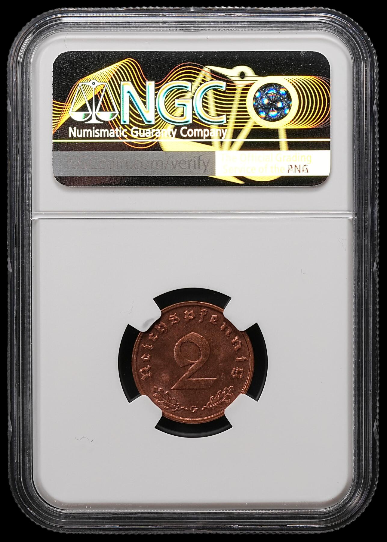 修遠堂世界钱币第110期 NGC MS64RB 1939年德国2芬尼铜币 G厂铭