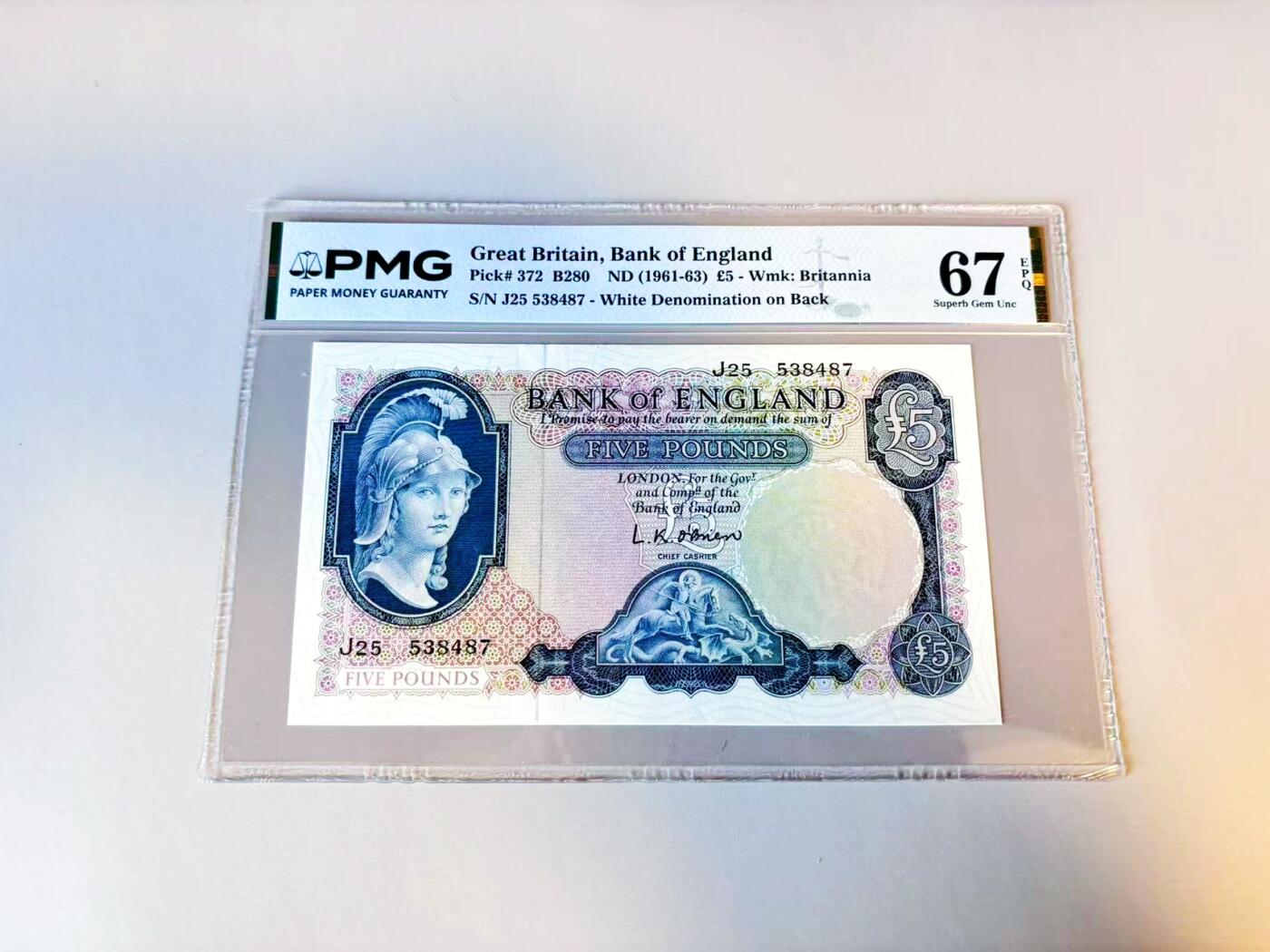 【Blue Auction】世界纸币精拍第805期——18级TOP拍卖/信誉/品质/专业/高效💫 英国 B序列 1961-63年5镑 PMG67EPQ 高分