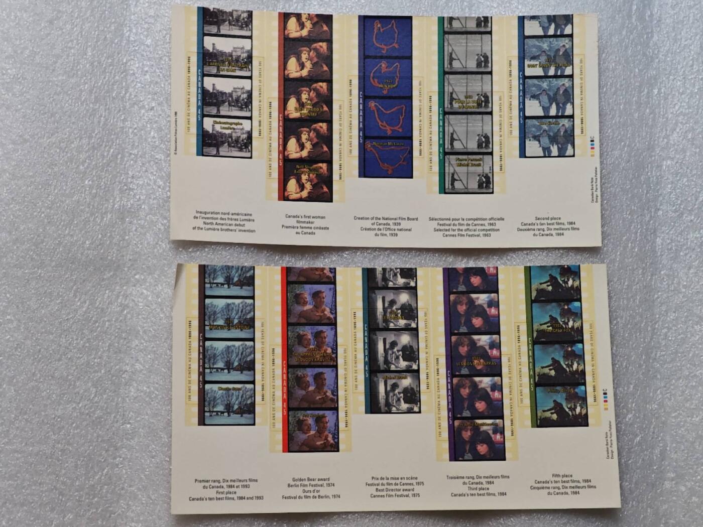  【淘币小摊】限时拍第八百九十一拍  外国老邮票 印花税票 火花纸品场    每周一统一发货 加拿大1996年电影100周年不干胶小全传2枚未使用