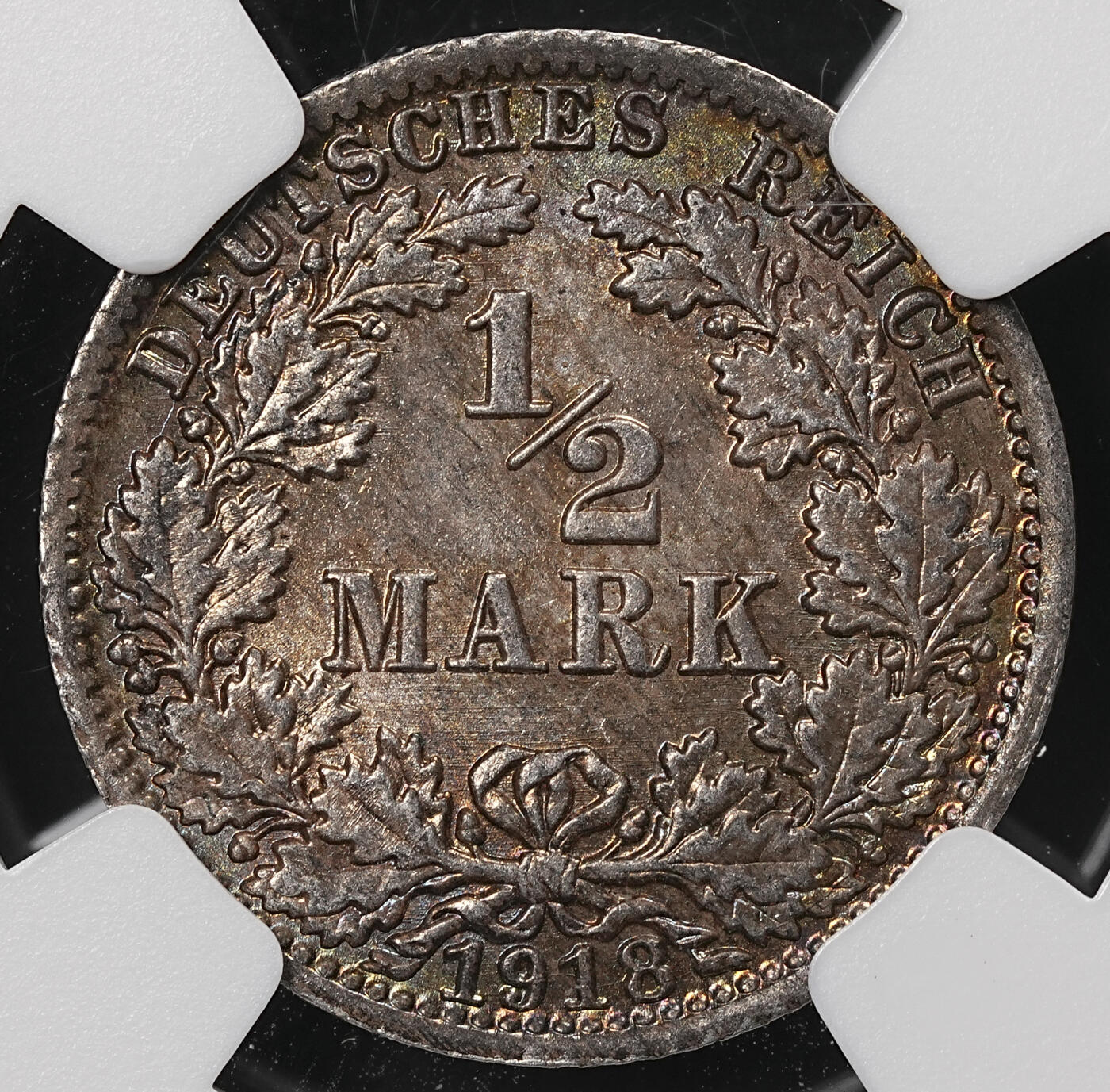 修遠堂世界钱币第110期 NGC MS65 1918年德国1/2马克银币 A厂铭