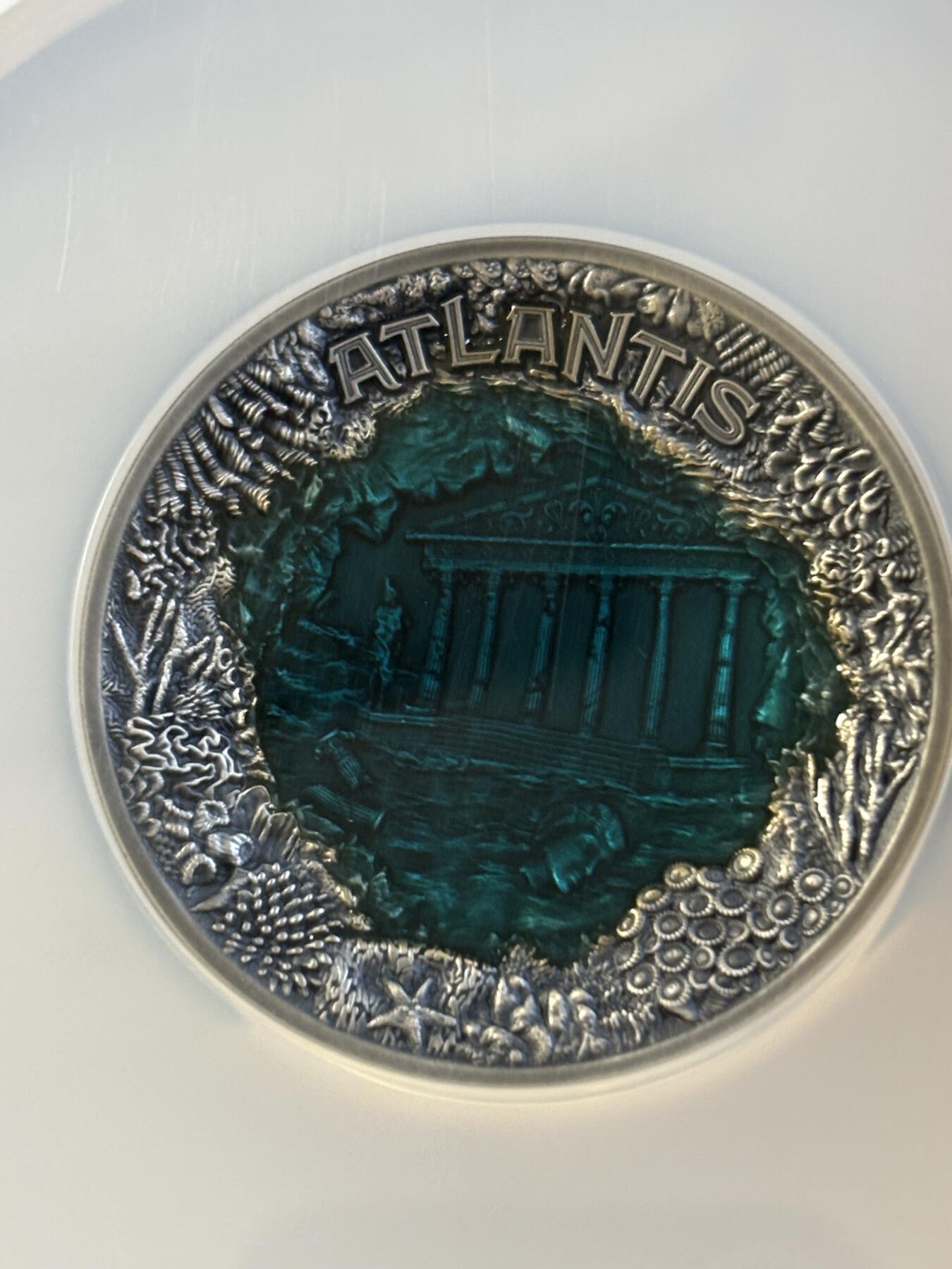第197期拍卖 纽埃2019年发行亚特兰蒂斯海底迷宫镶嵌树脂2盎司高浮雕仿古纪念银币NGC-MS70首无盒证书，999银，发行500枚