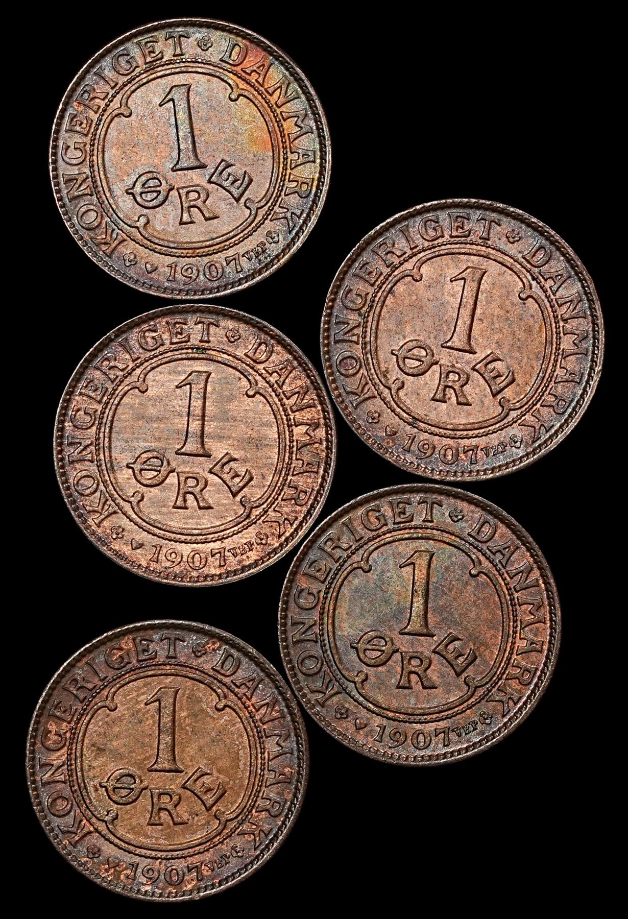 修遠堂世界钱币第110期 1907年丹麦1欧尔5枚，原卷出，完全未流通