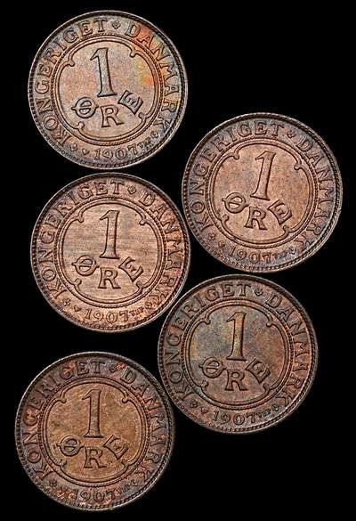 修遠堂世界钱币第110期 - 1907年丹麦1欧尔5枚，原卷出，完全未流通