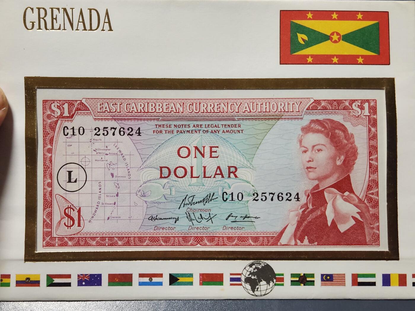 4月6号晚上8点 中外纸币自动截拍第52场 【全新稀少圣卢西亚L版】东加勒比1元 1965年 UNC