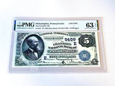 【Blue Auction】世界纸币精拍第805期——18级TOP拍卖/信誉/品质/专业/高效💫 -   【Date Back版】美国 费城富兰克林国家银行1882年5美金 美国第20任总统詹姆斯·艾伯拉姆·加菲尔德 蓝库印 PMG63EPQ 全新原票 凹凸感佳 人像雕刻极致 尤其是胡子 背面华盛顿头像和白宫 大涨品种 值得收藏