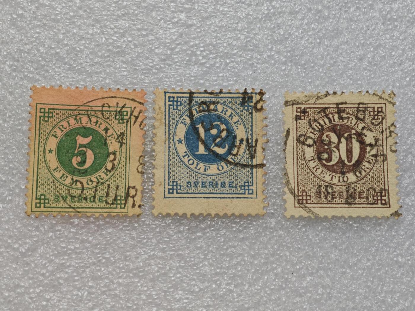  【淘币小摊】限时拍第八百九十一拍  外国老邮票 印花税票 火花纸品场    每周一统一发货 瑞典1872年邮票3枚