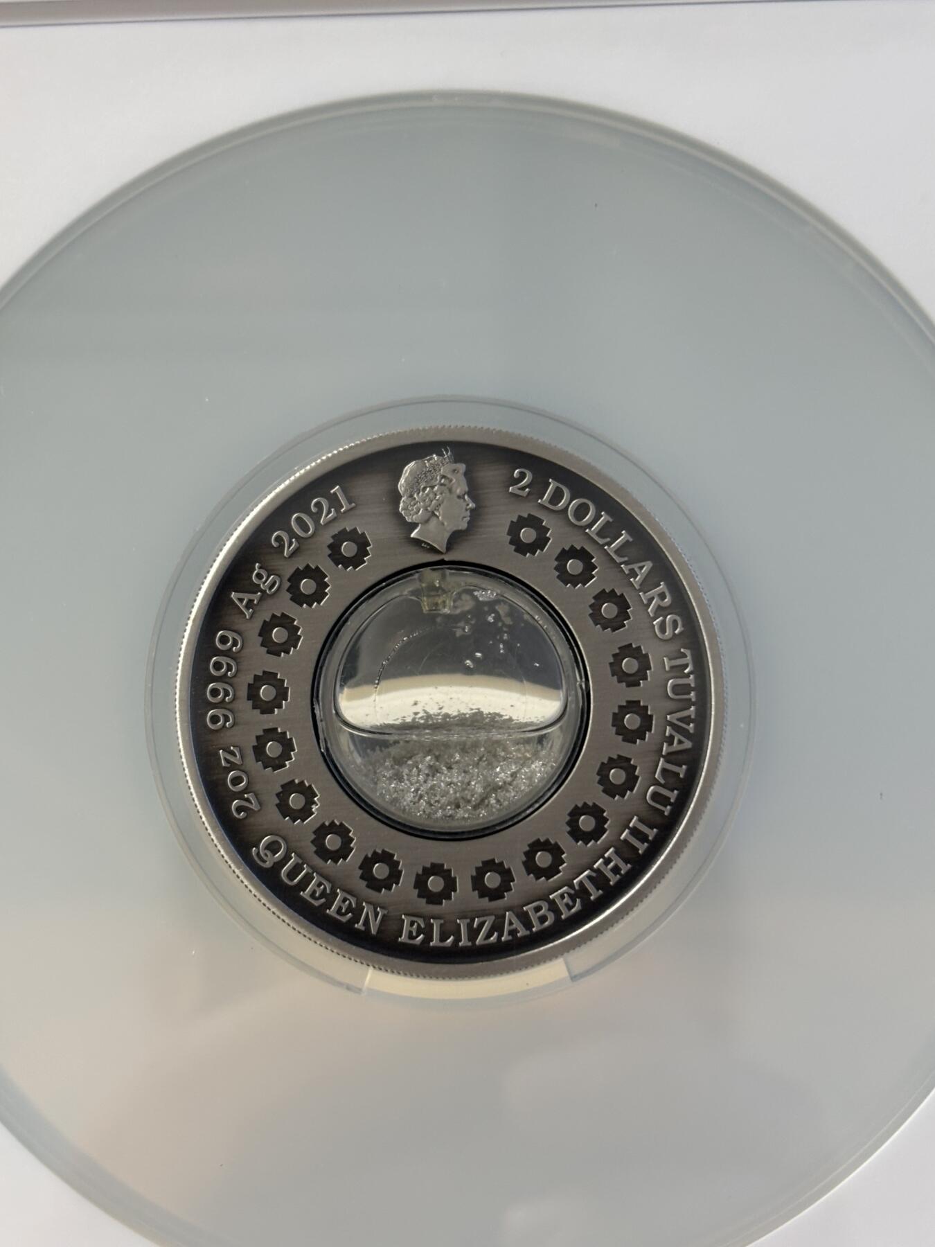 第197期拍卖 图瓦卢2021月亮眼泪镶银颗粒仿古银币NGC-MS70，999银，2盎司，发行2500枚