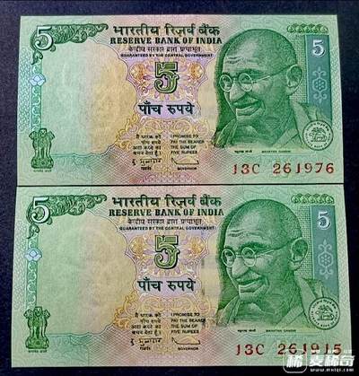 全新印度2010年5卢比靓品纸币2枚一对 - 全新印度2010年5卢比靓品纸币2枚一对