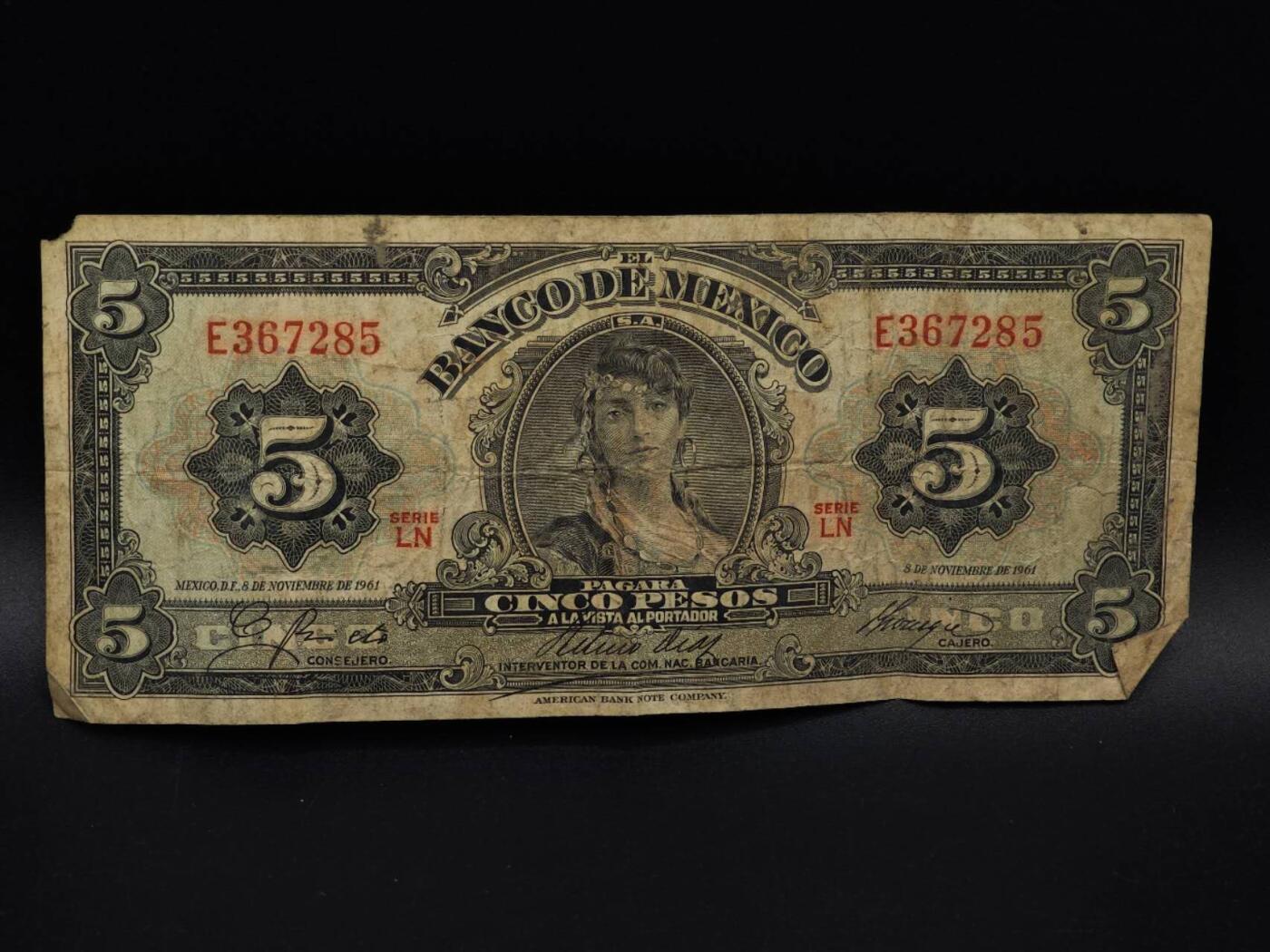  【淘币小摊】限时拍第八百九十拍   纸币场    每周一统一发货 墨西哥1961年5比索纸币【有折】