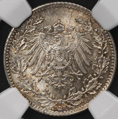 修遠堂世界钱币第110期 - NGC MS66 1918年德国1/2马克银币 D厂铭