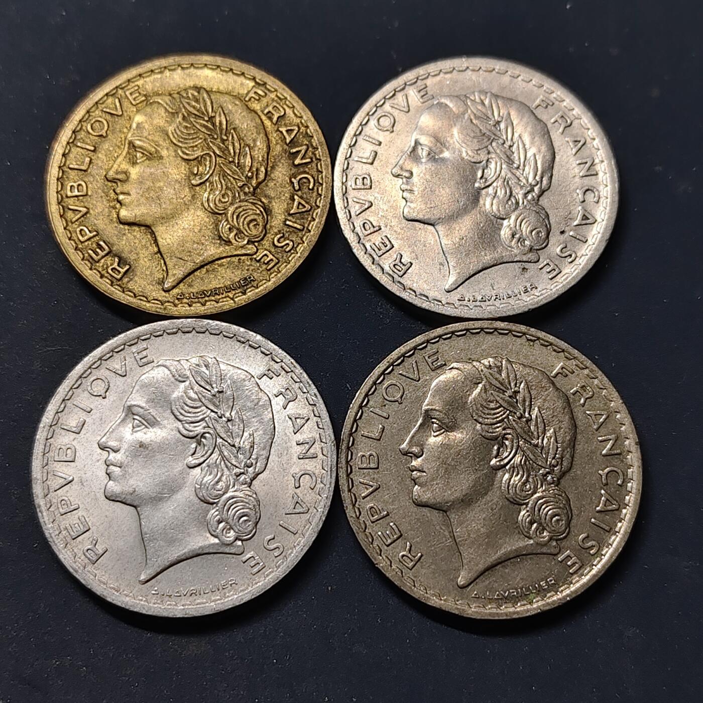 【全场包邮】纯粹捡漏拍518场 法国1935-1949年5法郎4版本一组-镍版+铝青铜版+铝版无标+铝版B标