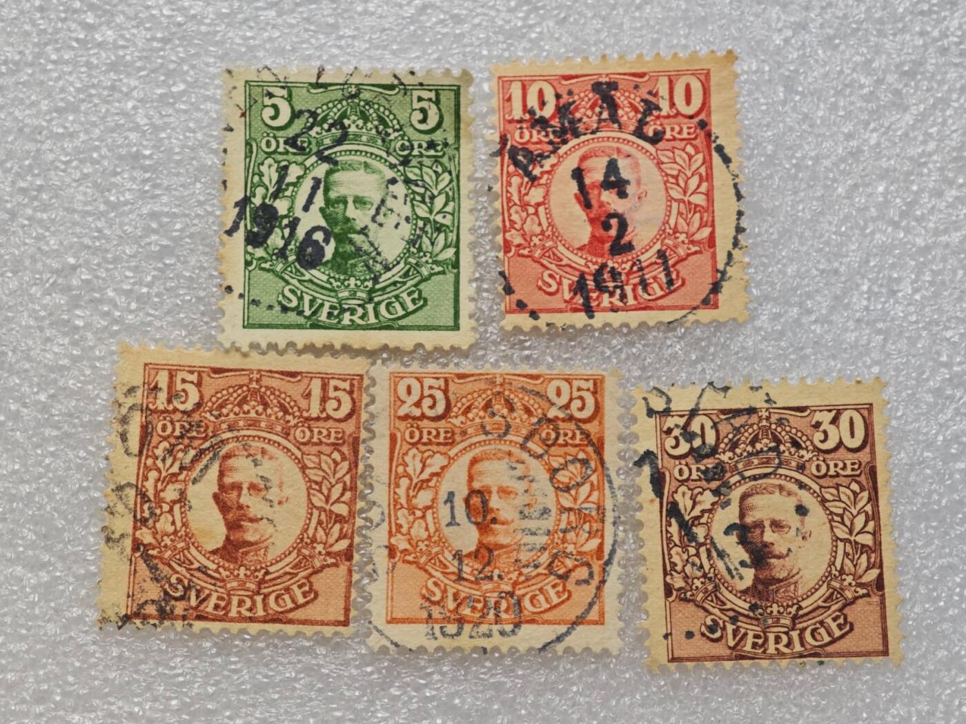  【淘币小摊】限时拍第八百九十一拍  外国老邮票 印花税票 火花纸品场    每周一统一发货 瑞典1910年古斯塔夫五世邮票5枚