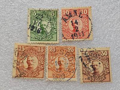  【淘币小摊】限时拍第八百九十一拍  外国老邮票 印花税票 火花纸品场    每周一统一发货 - 瑞典1910年古斯塔夫五世邮票5枚