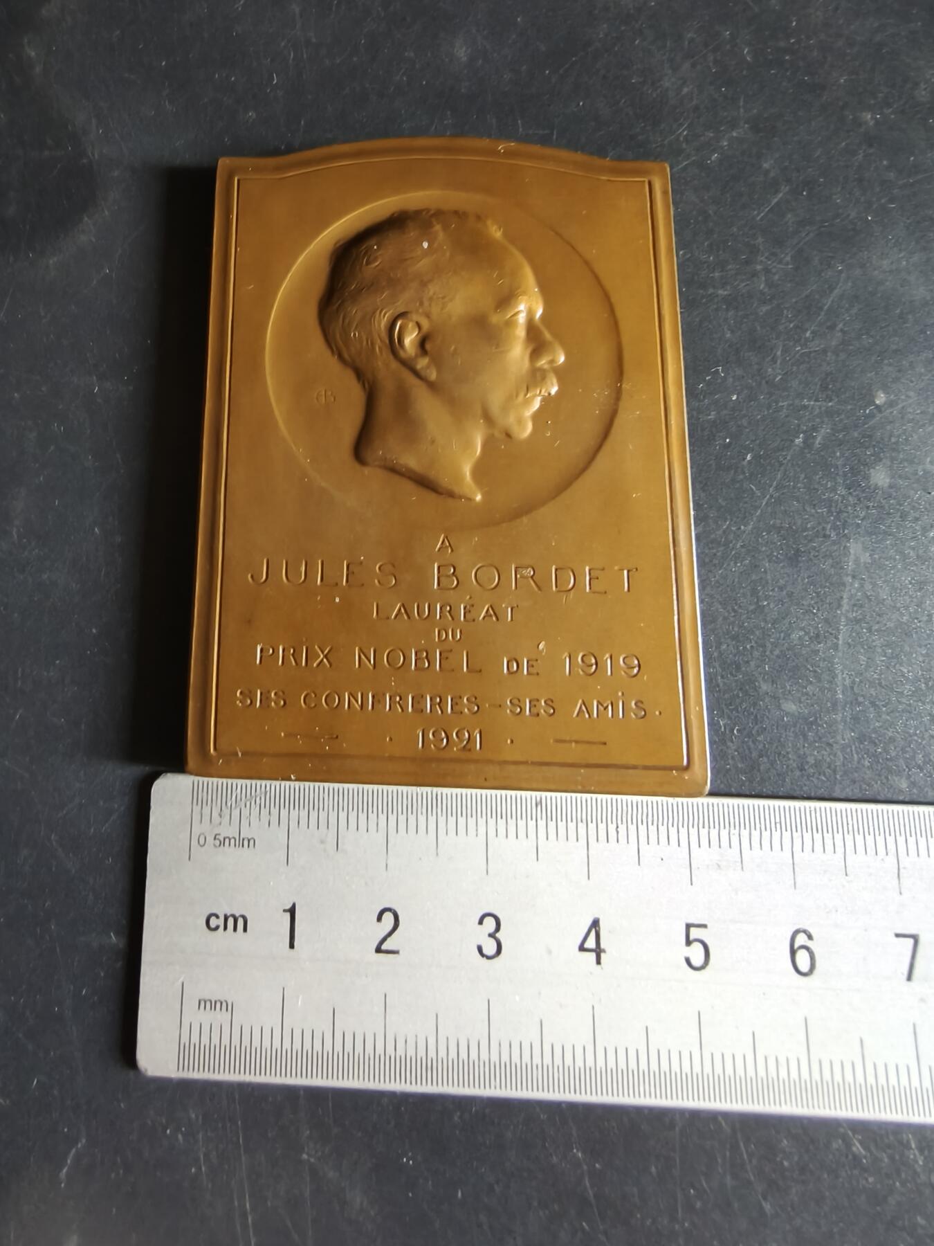 老王徽章第191期 比利时医学家朱尔·博尔代方形大铜章     博尔代医生于曾任职于法国巴斯德研究所，1919年获得了诺贝尔医学奖，被称为“免疫学之父”，享有极高声誉        尺寸70×50mm      重量124.1g
