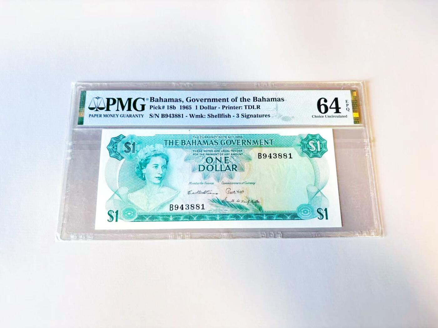 【Blue Auction】世界纸币精拍第805期——18级TOP拍卖/信誉/品质/专业/高效💫 【首年】巴哈马 1965年1元 PMG64EPQ 彩背 女王