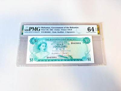 【Blue Auction】世界纸币精拍第805期——18级TOP拍卖/信誉/品质/专业/高效💫 - 【首年】巴哈马 1965年1元 PMG64EPQ 彩背 女王
