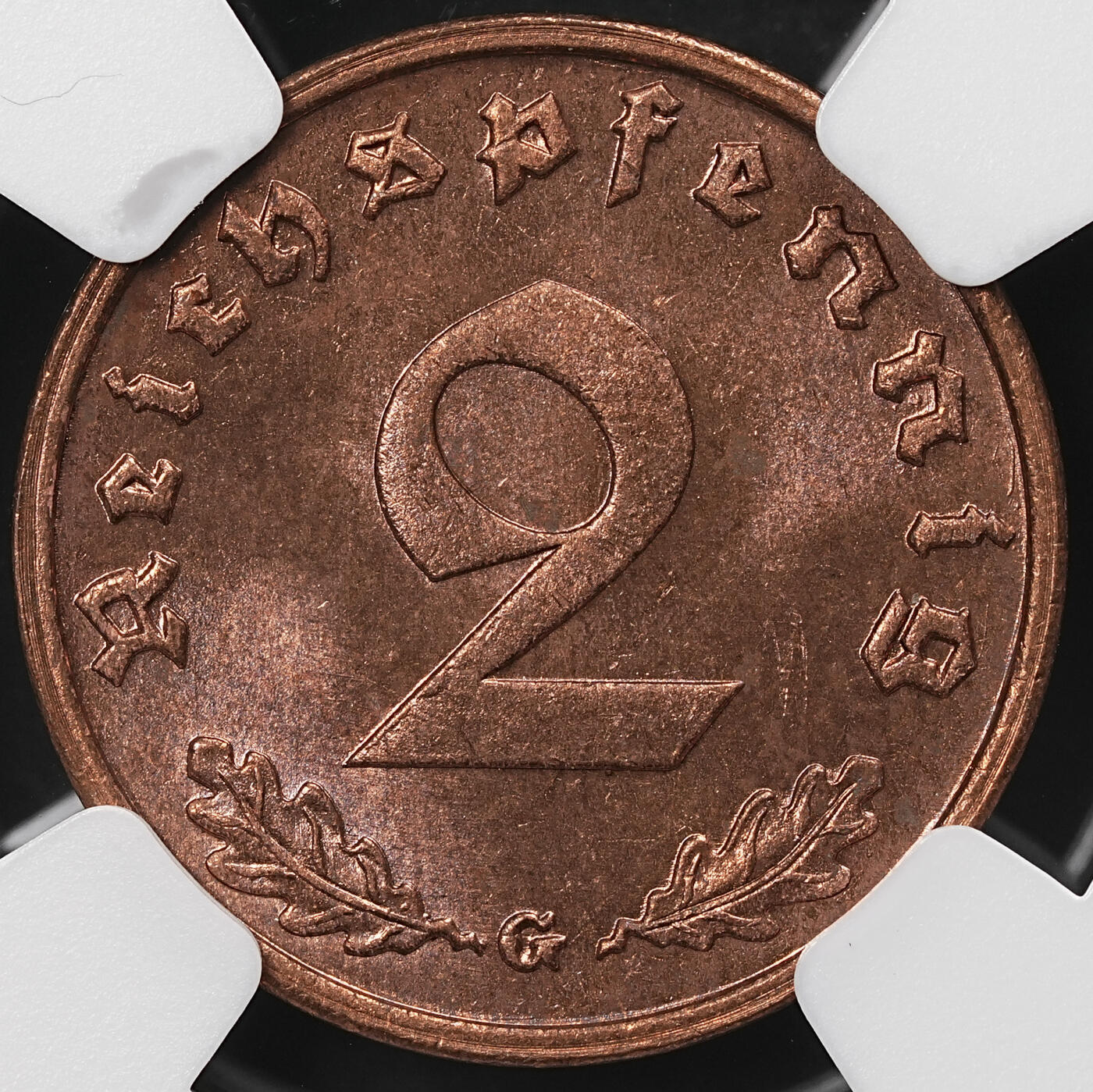 修遠堂世界钱币第110期 NGC MS64RB 1939年德国2芬尼铜币 G厂铭