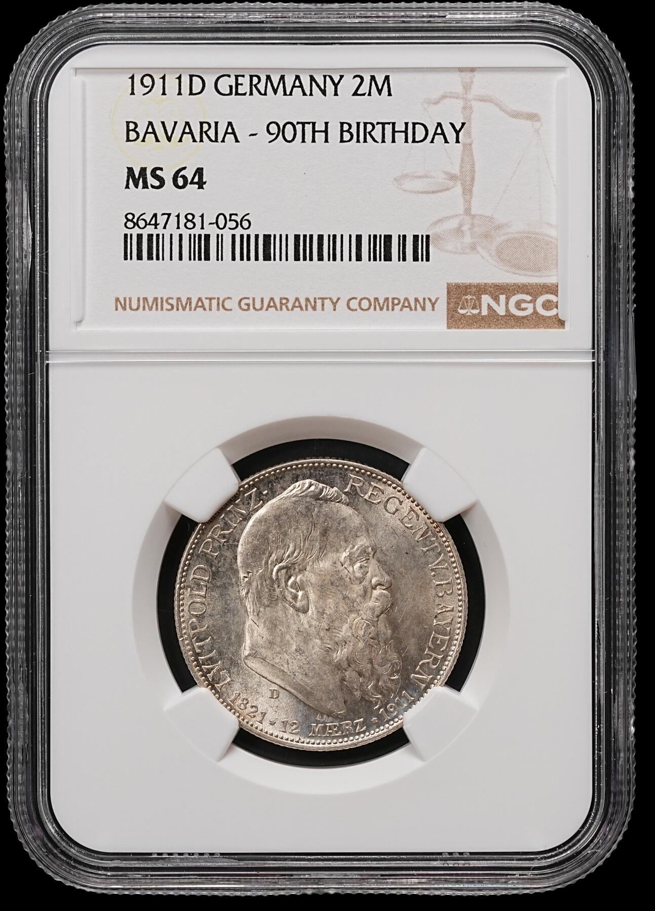 修遠堂世界钱币第110期 NGC MS64 1911年巴伐利亚摄政王90大寿纪念2马克银币