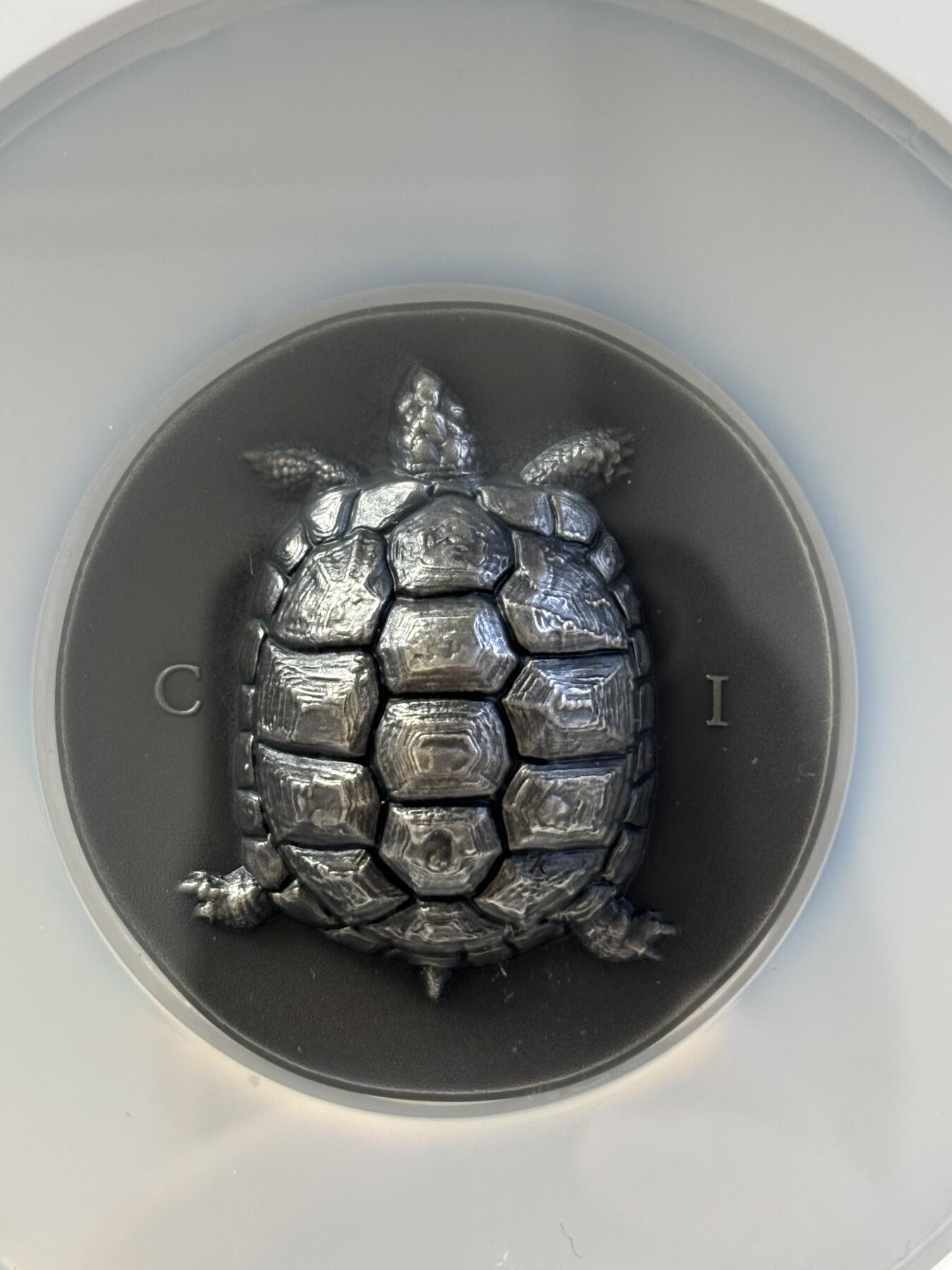 第197期拍卖 库克2020年货币上的乌龟盎司仿古银币NGC-MS70，999银，5盎司