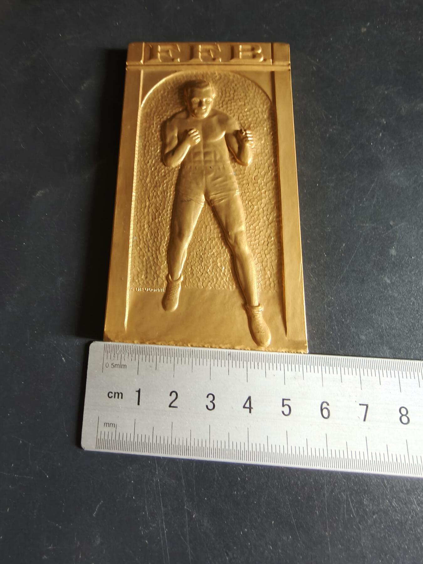 老王徽章第191期 法国拳击联合会1949年方形镀金大铜章    原盒    该章作者为以体育章牌雕刻闻名的大师安德烈·德鲁多内     尺寸56×100mm     重量258.8g