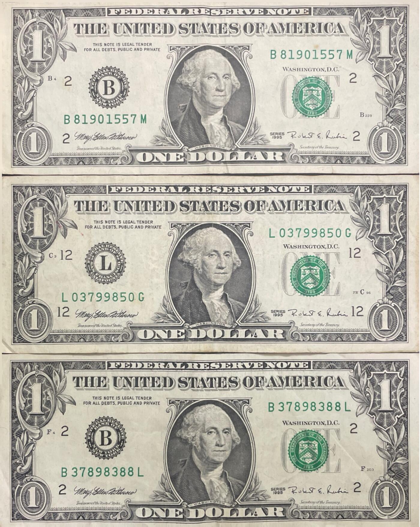 回流0405 1995年版1美元纸币3枚（¥20.68）