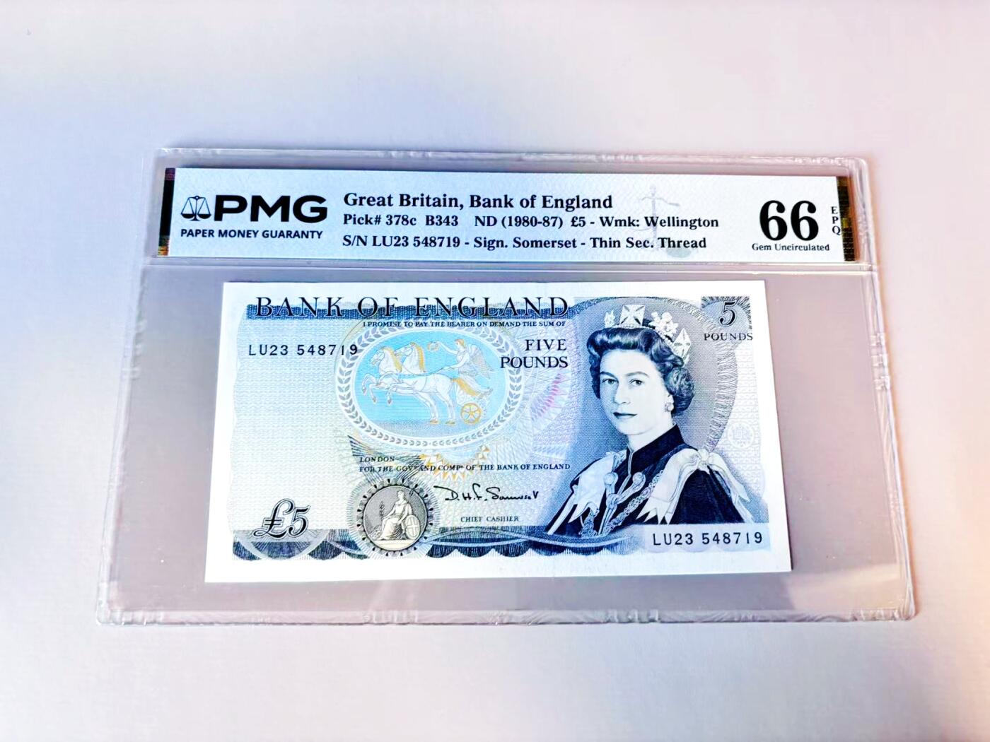 【Blue Auction】世界纸币精拍第805期——18级TOP拍卖/信誉/品质/专业/高效💫 【c版】英国 D序列 1980-87年5镑 PMG66EPQ 