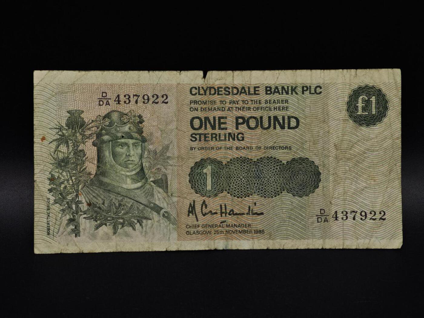  【淘币小摊】限时拍第八百九十拍   纸币场    每周一统一发货 英国克莱斯戴尔银行1镑纸币【有折】