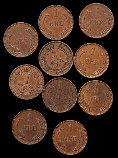 修遠堂世界钱币第110期 - 丹麦1欧尔铜币一组，巧克力色AU好品