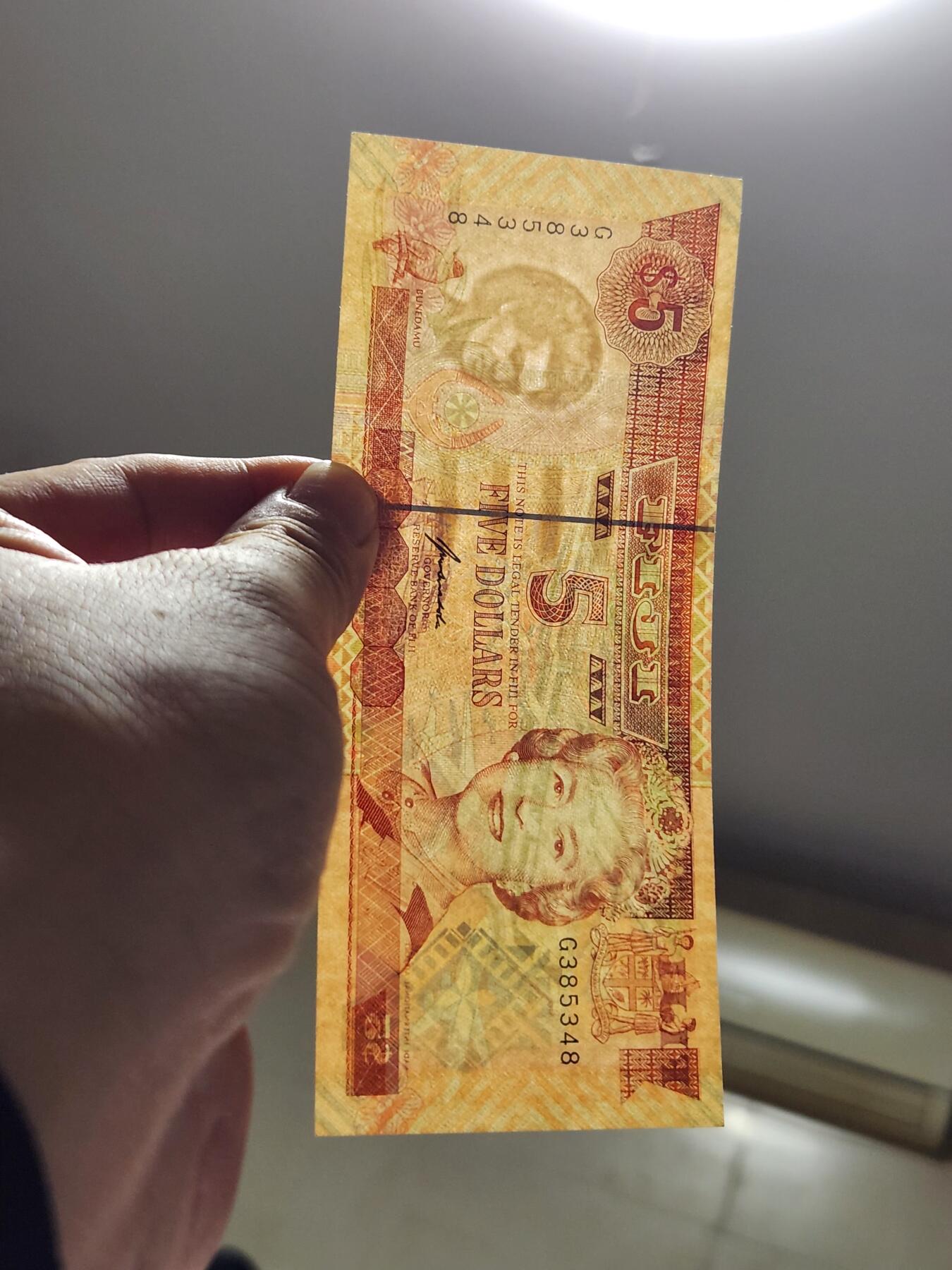 4月6号晚上8点 中外纸币自动截拍第52场 斐济1995年5元 几乎全新