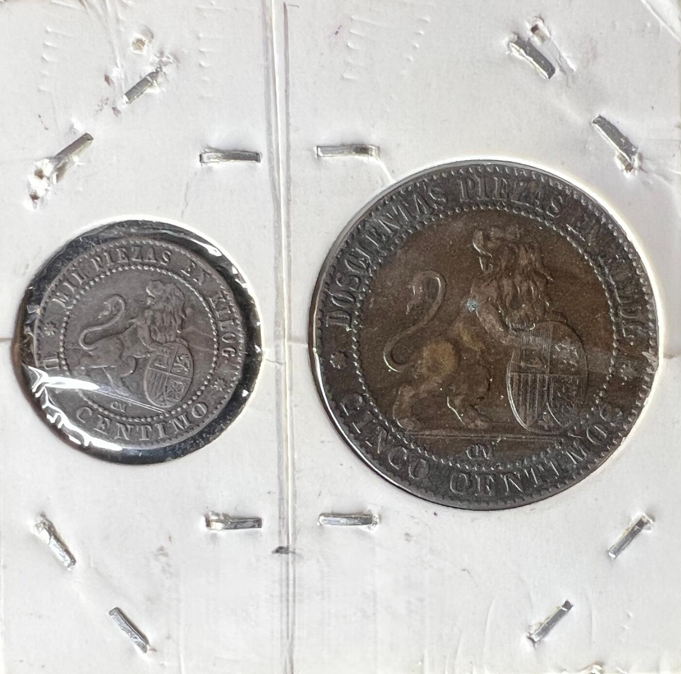 1870 年西班牙临时政府 1 分 + 5 分铜币对装 第一共和国 自由女神 欧洲古币