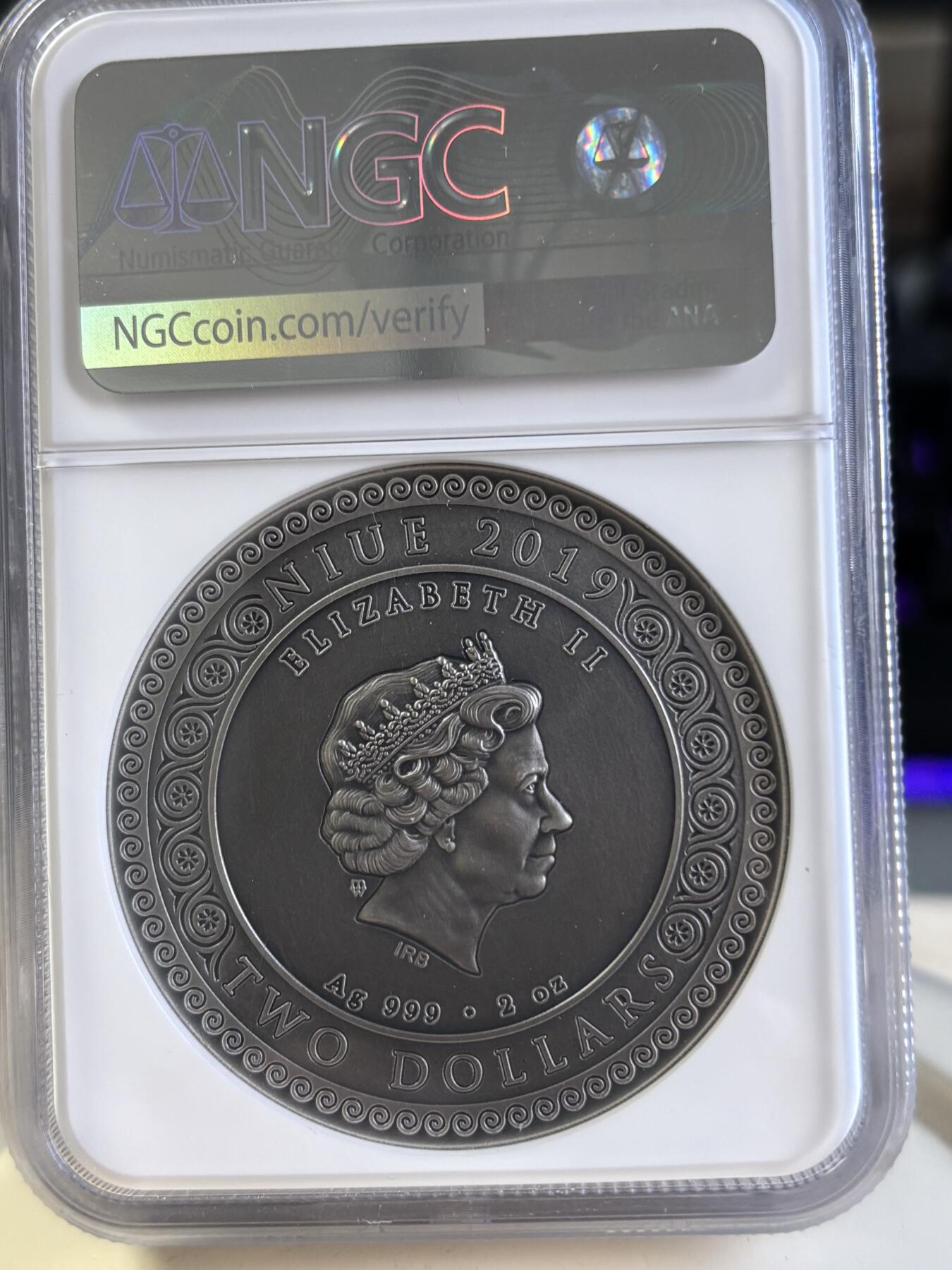 第197期拍卖 纽埃2019年狩猎女神2盎司高浮雕银币NGC-MS70，2盎司，999银，发行500枚