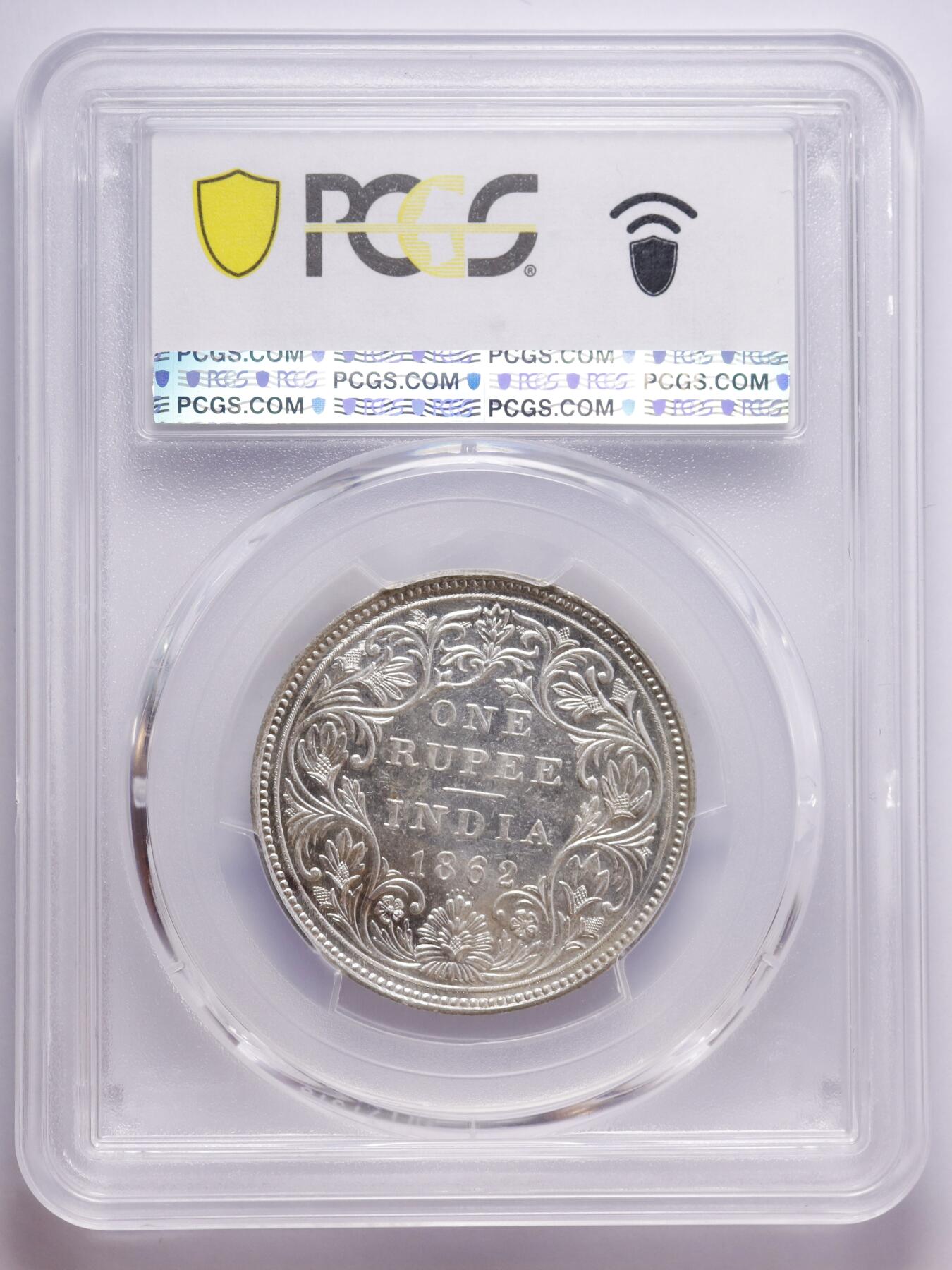 观钱 近现代机制币拍卖No.007（全场顺丰包邮，不区分偏远地区）   1862 年英属印度维多利亚一卢比银币（PCGS MS62）