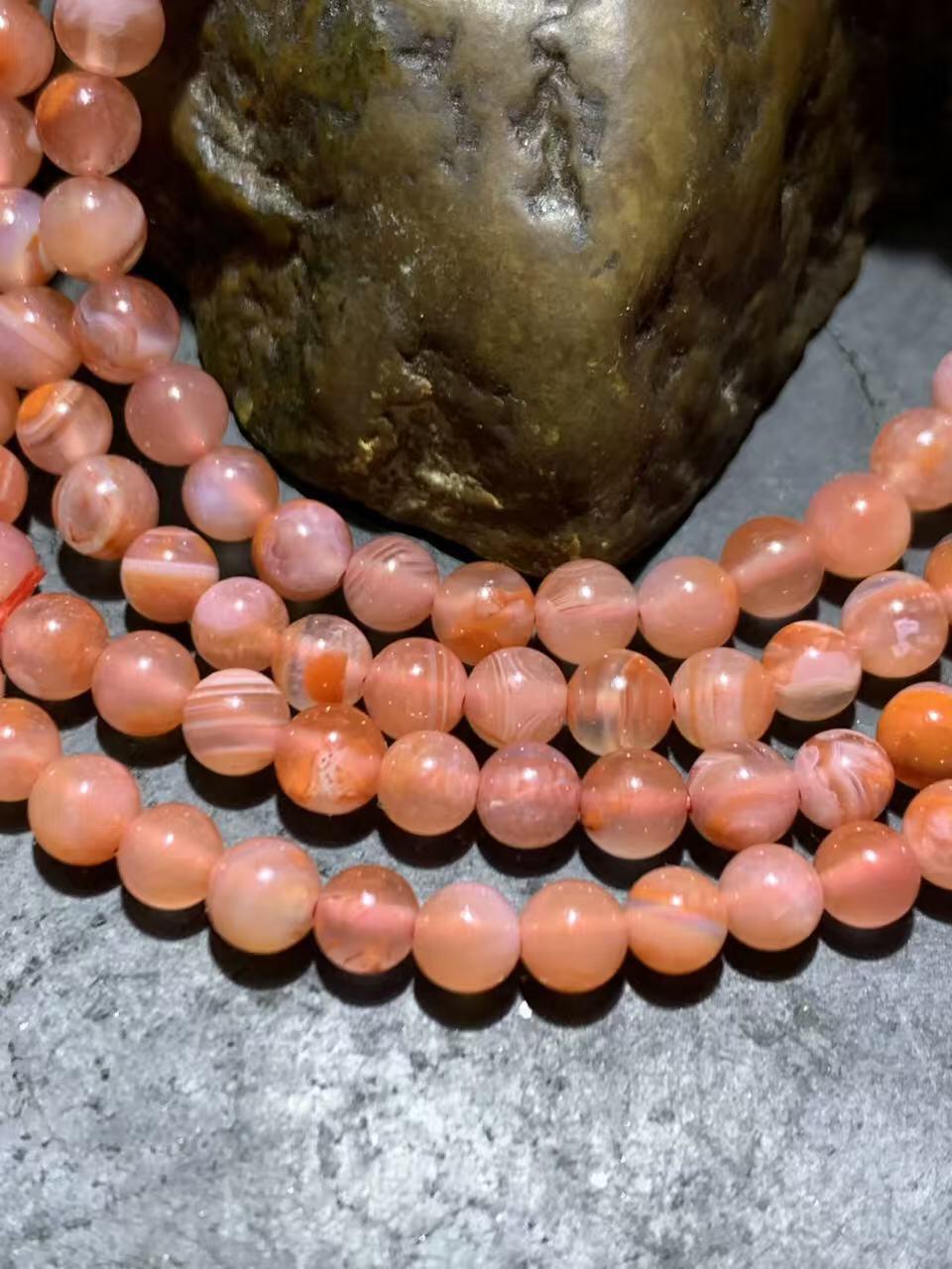 精美冰粉色荔枝冻飘红川料南红玛瑙多圈手串一条