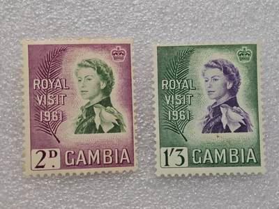  【淘币小摊】限时拍第八百九十一拍  外国老邮票 印花税票 火花纸品场    每周一统一发货 - 冈比亚1961年女王邮票2枚全新未使用