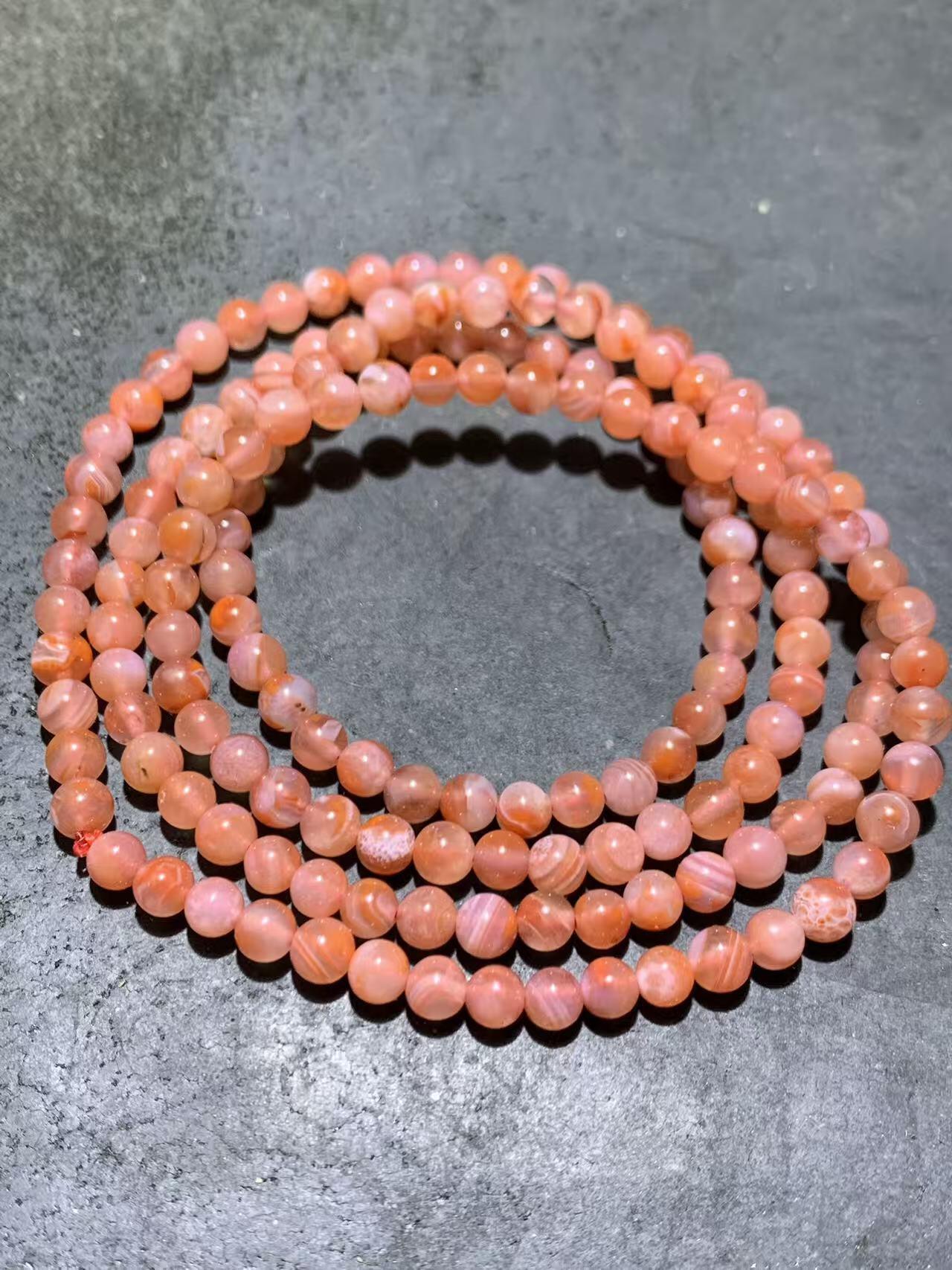 精美冰粉色荔枝冻飘红川料南红玛瑙多圈手串一条