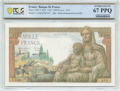 小福收藏拍卖第204期 评级币精选场 本期有 荷兰经典AA冠拿杯子的蛇 叙利亚世遗帕尔米拉古城豹子号冠军分 法国红衣主教冠军分 意大利经典达芬奇   白俄罗斯 "Millennium" 纪念版AA冠全同千位号全套  南斯拉夫铁托未发行版 美国 墨西哥 越南 法属印度支那等多国精美高分珍稀老钞精品纸币 - 法国 1942年 1000法郎 首发年女神和墨丘利神 PCGS67 PPQ