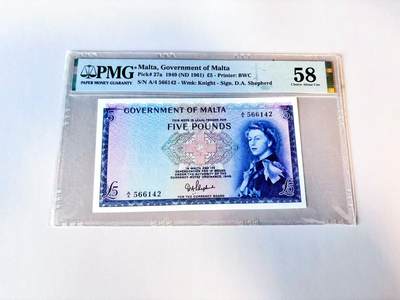 【Blue Auction】世界纸币精拍第805期——18级TOP拍卖/信誉/品质/专业/高效💫 - 【p27a初版罕见】马耳他 1949年5镑 戎装女王 PMG58 近新品相少见 背面港口大场景 BWC出品