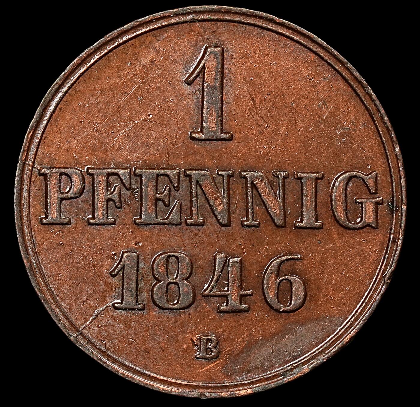 修遠堂世界钱币第110期 1846年汉诺威选侯国 / 王国1芬尼铜币，未流通，币面有一层清漆
